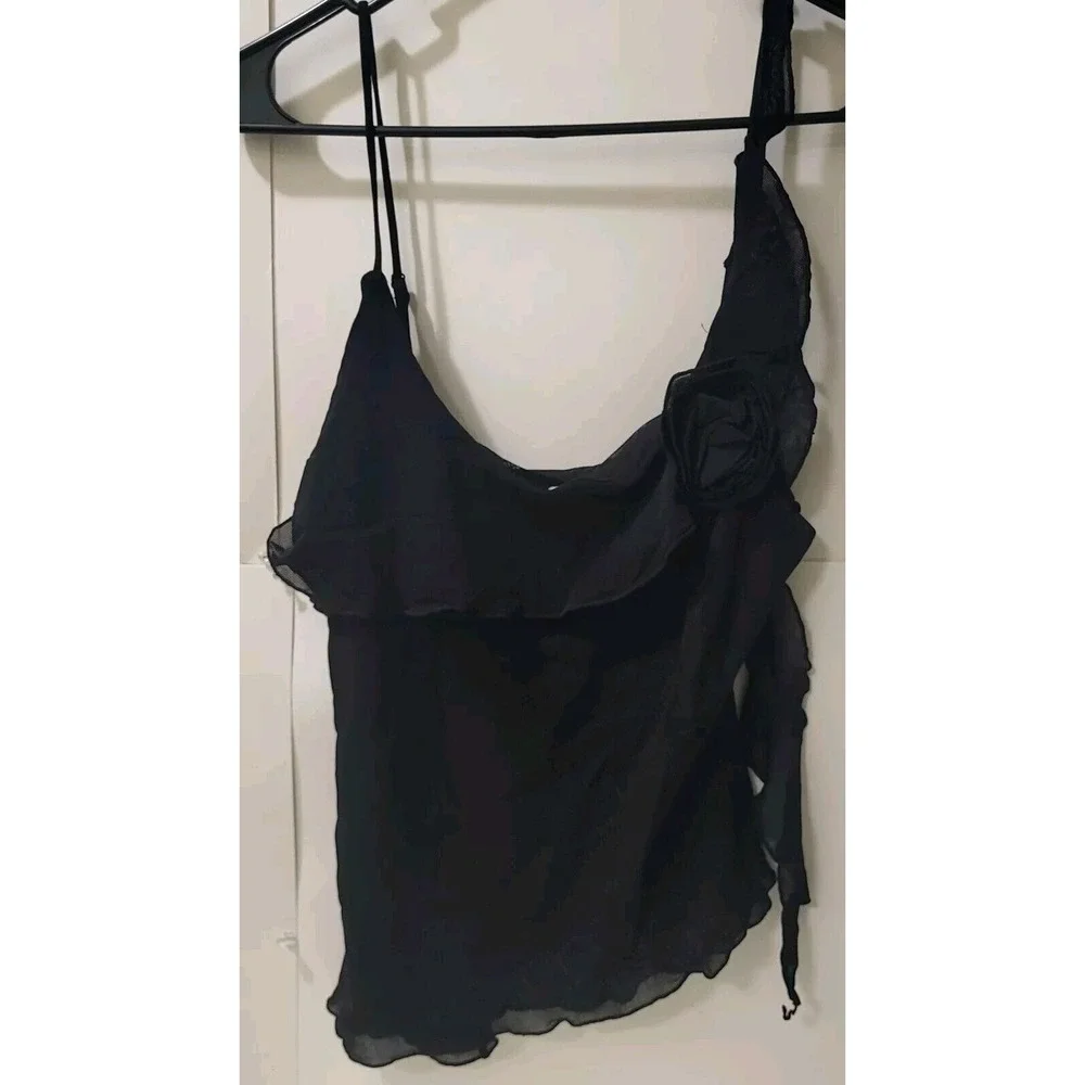 Free People, Play Hard Low Rise, Asymetric  Black Cami With Black Rose Design...